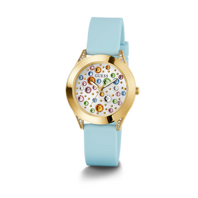 GUESS Ladies Blue/Pink/White Gold/Iridescent/Rose Gold Analog Watch 34mm