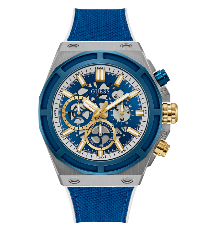 GUESS Mens Blue 2-Tone Multi-function Watch 47mm